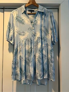 Light Blue Tropical Palm Button-Front Babydoll Dress